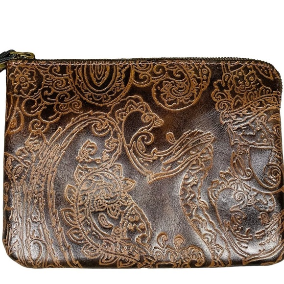 Patricia Nash Dark Brown Tooled 100% Leather Cassini Wristlet - Paisley Design - Picture 5 of 13